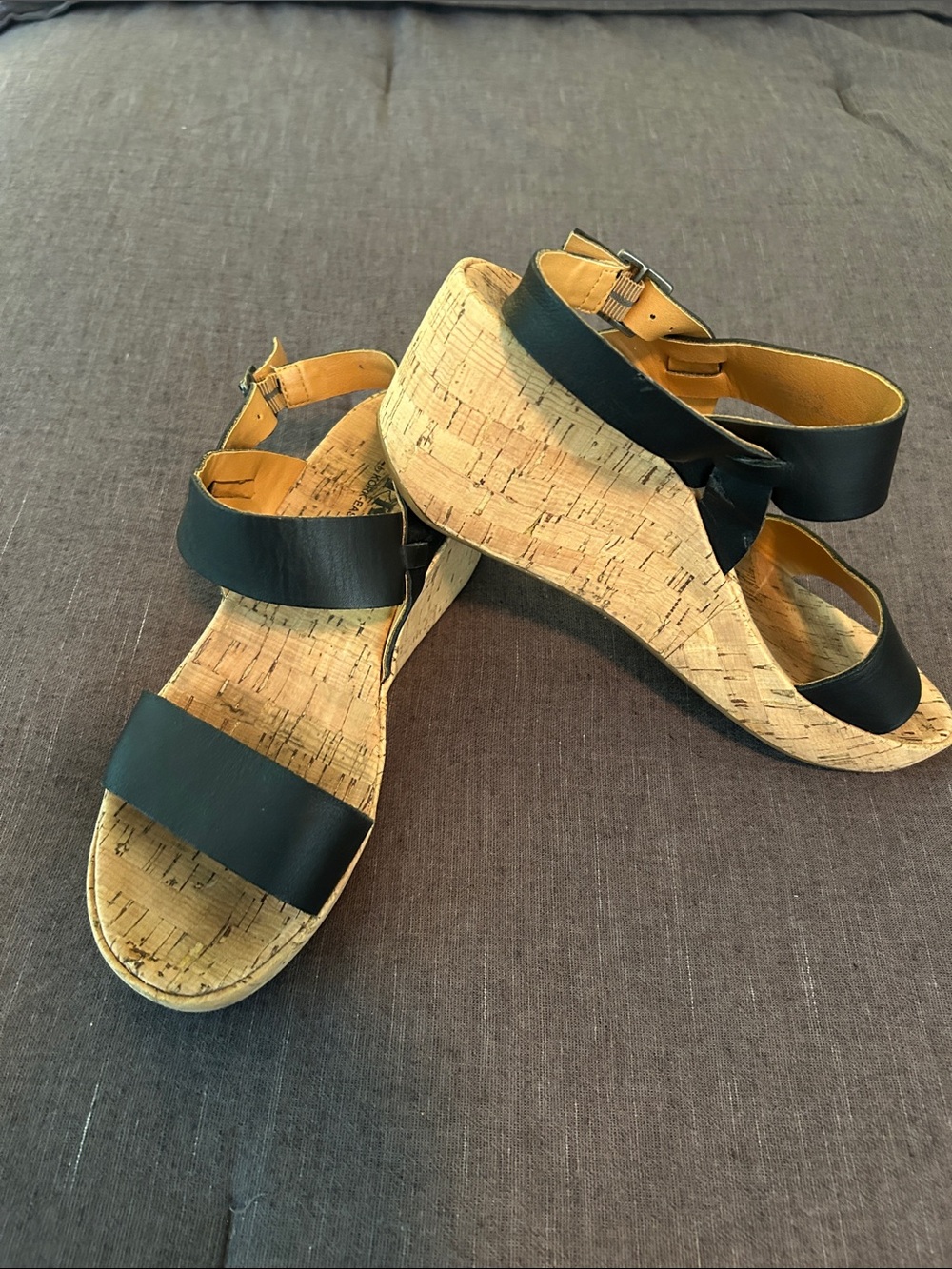 Kork-Ease Black Leather Cork Wedge Sandals